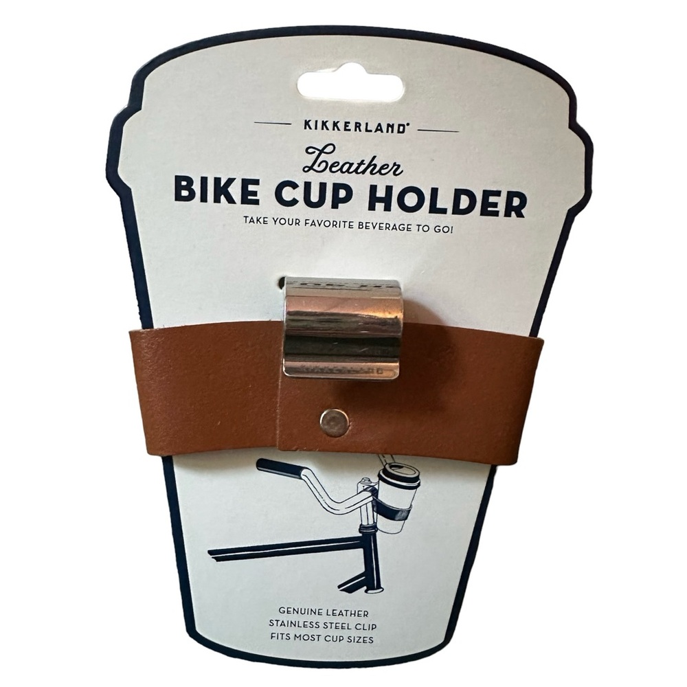 NWT Kirkland Genuine Brown Leather & Stainless Steel Bike Cup Holder